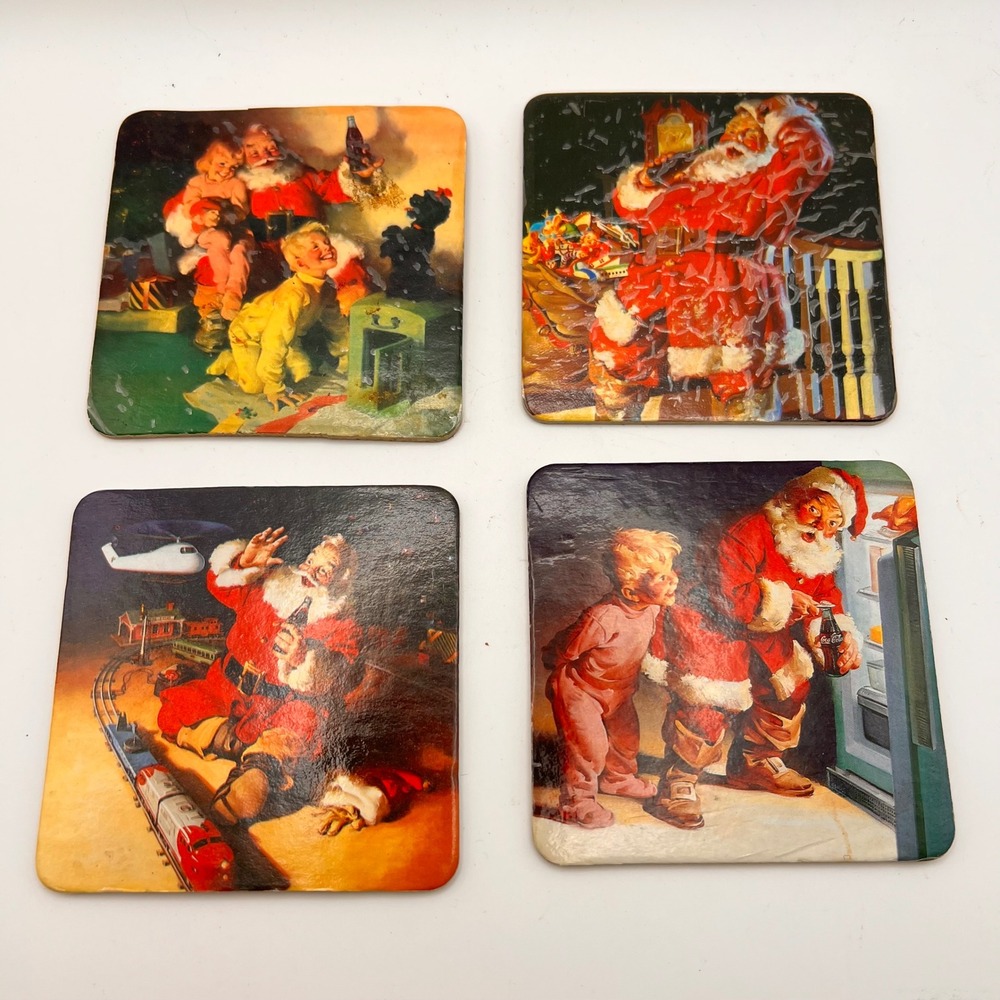 Coca Cola Santa Claus Cork Coasters Set of 4 Vintage Christmas Holiday‎